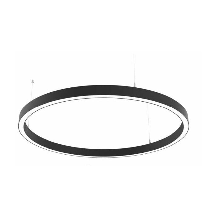Moss LED ALLL-5460-C circular aluminum LED channel profile ring chandelier black with milky white diffuser cover suspended by steel wire cables angled perspective view on white background