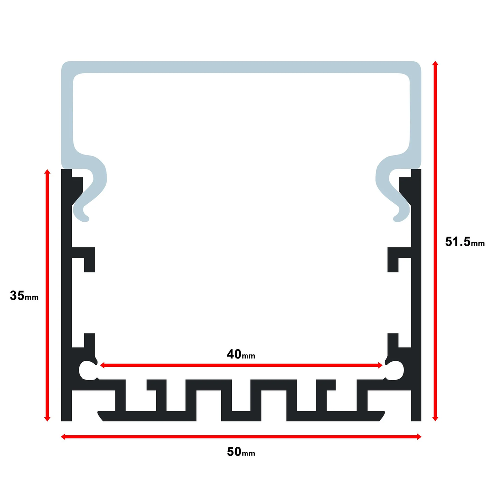 Moss LED ALLL-5035 aluminum LED channel profile cross-section technical drawing showing dimensions 50mm width 51.5mm height 40mm internal width 35mm depth with diffuser cover clip-in detail and heat sink fins