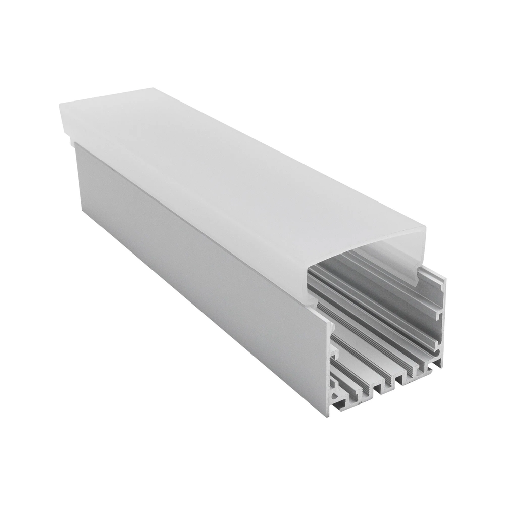 Moss LED ALLL-5035-D aluminum LED channel profile 3D perspective view showing deep silver extrusion with heat sink fins on bottom and frosted polycarbonate diffuser cover partially inserted on white background