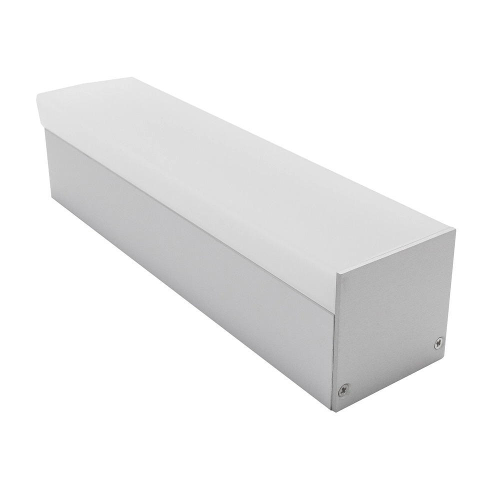 Moss LED ALLL-5035-D2 aluminum LED channel profile full length angled view showing deep silver rectangular extrusion with frosted polycarbonate diffuser cover installed and end cap with screw detail on white background