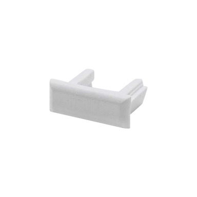 Moss LED ALM-1506 closed end cap without hole white plastic with snap-in prongs angled view for surface mount aluminum channel LED strip profile clean finish installation accessory