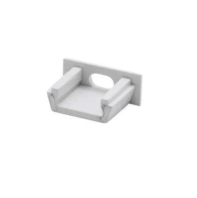Moss LED ALM-1506 end cap with wire hole white plastic with snap-in prongs angled view for surface mount aluminum channel LED strip profile cable pass-through installation accessory