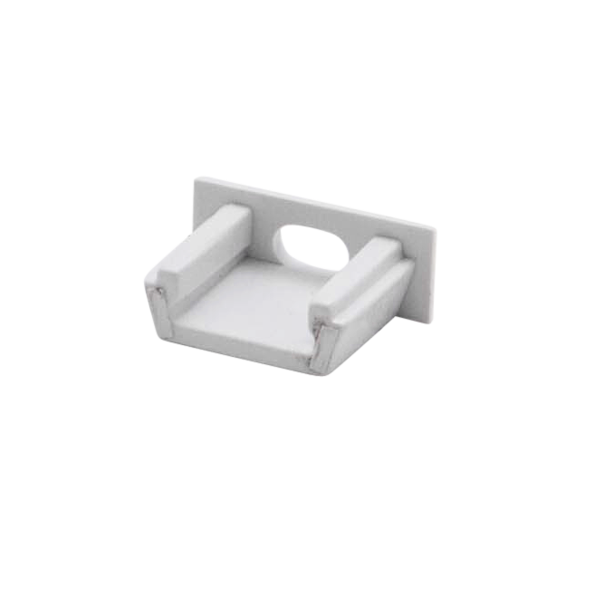 Moss LED ALM-1506 end cap with wire hole white plastic with snap-in prongs angled view for surface mount aluminum channel LED strip profile cable pass-through installation accessory