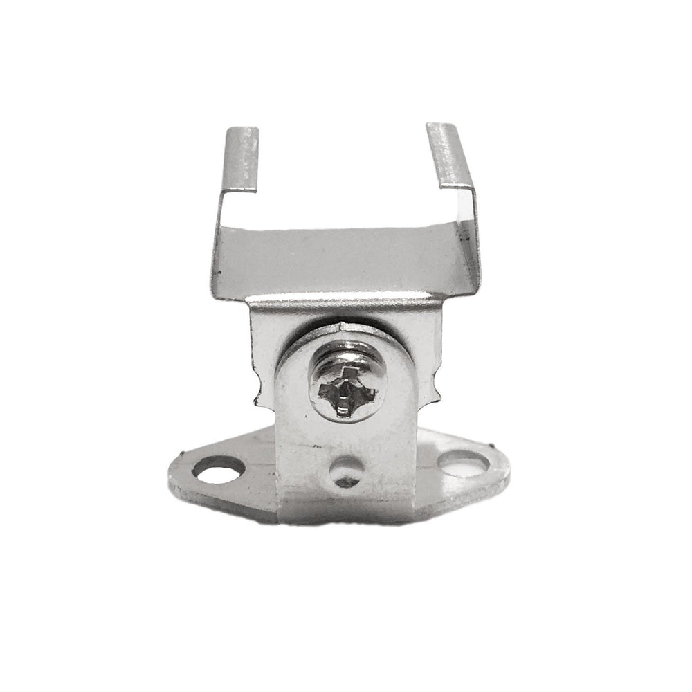 Moss LED ALM-1506 rotating mounting clip angled view showing spring clip pivot screw and mounting base with holes for aluminum channel