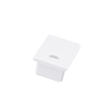 Moss LED ALM-1520 end cap with wire hole white plastic square top angled view for surface mount aluminum channel LED strip profile cable pass-through installation accessory