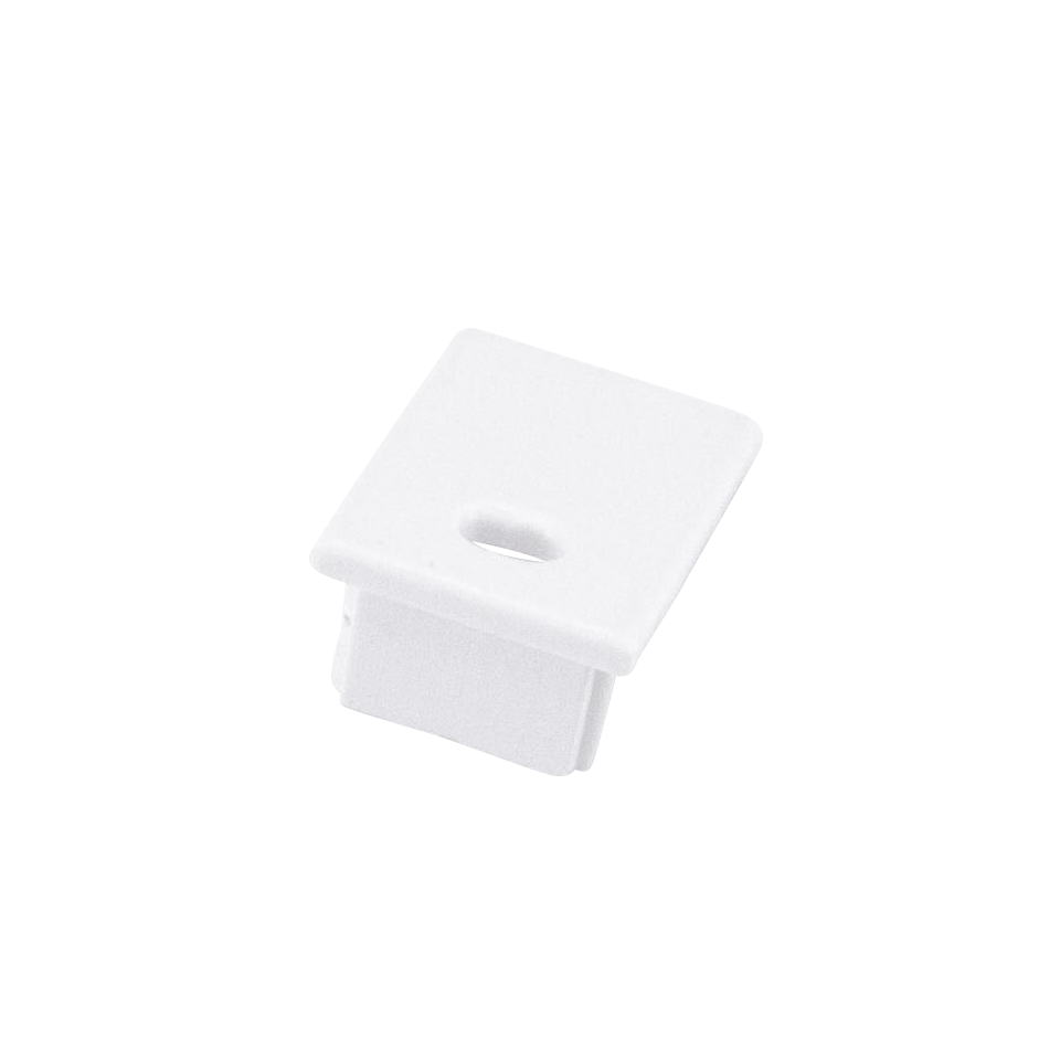 Moss LED ALM-1520 end cap with wire hole white plastic square top angled view for surface mount aluminum channel LED strip profile cable pass-through installation accessory