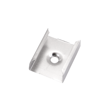 Moss LED ALM-1520 mounting clip metal bracket with center screw hole silver anodized angled view showing bent grip edges for surface mount aluminum channel LED strip profile secure installation accessory
