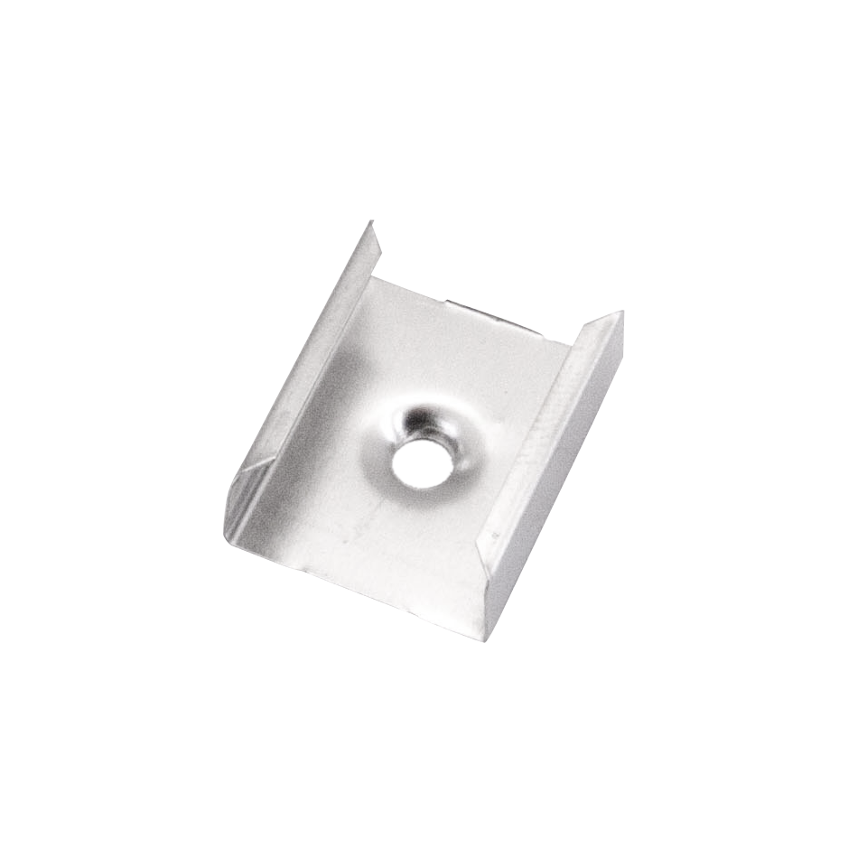 Moss LED ALM-1520 mounting clip metal bracket with center screw hole silver anodized angled view showing bent grip edges for surface mount aluminum channel LED strip profile secure installation accessory
