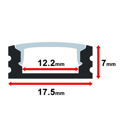 Moss LED ALM-1707 aluminum channel profile cross-section technical drawing showing dimensions 17.5mm total width 7mm height 12.2mm inner width with milky diffuser cover for LED strip lighting