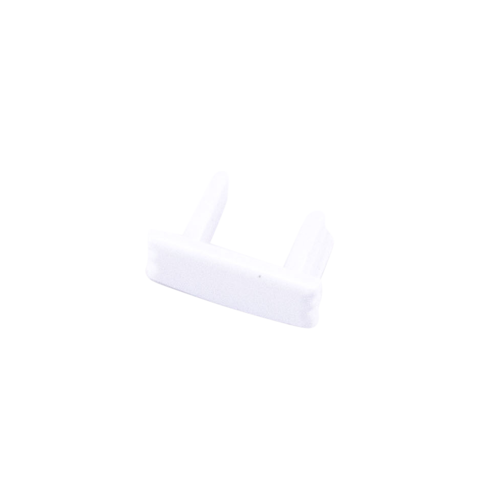 Moss LED ALM-1707 closed end cap without hole white plastic with snap-in prongs angled view for surface mount aluminum channel LED strip profile clean finish installation accessory