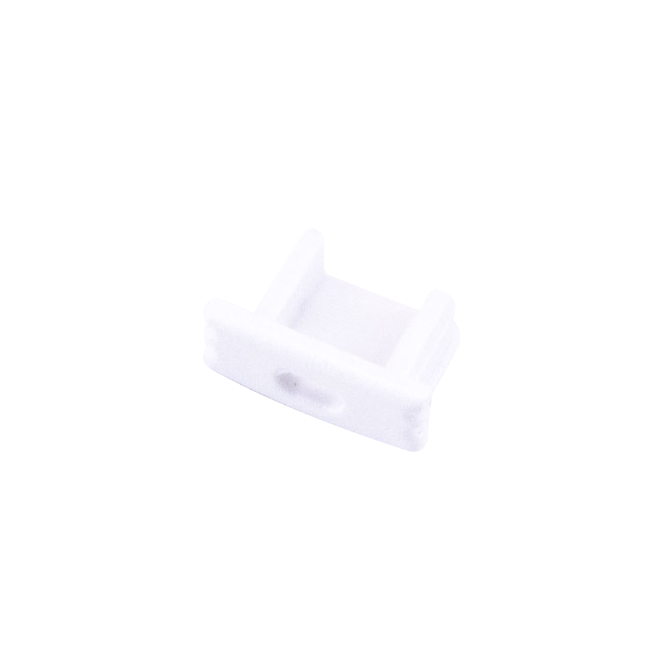 Moss LED ALM-1707 end cap with wire hole white plastic with snap-in prongs angled view for surface mount aluminum channel LED strip profile cable pass-through installation accessory
