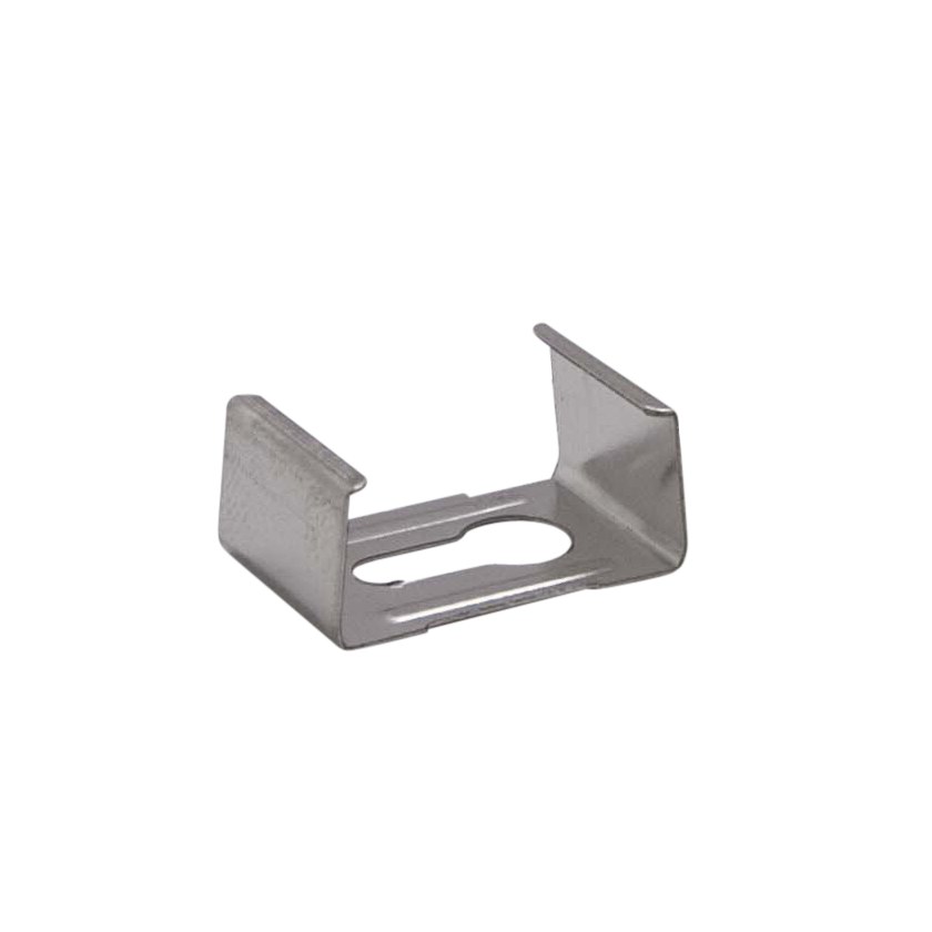 Moss LED ALM-1707 mounting clip metal bracket with slots silver anodized angled view showing U-shape grip and cutout slots for surface mount aluminum channel LED strip profile secure installation accessory