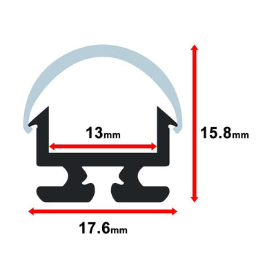 Moss LED ALM-1815 milky dome cover cross-section technical diagram showing 13mm inner width, 15.8mm height, and 17.6mm base width dimensions for aluminum LED strip channel profile