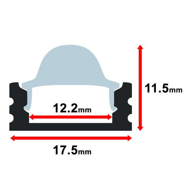 Moss LED ALM-2019C aluminum channel profile cross-section technical drawing showing dimensions 17.5mm base width 11.5mm height 12.2mm inner channel width with dome diffuser cover and mounting clip for corner mount LED strip lighting installation