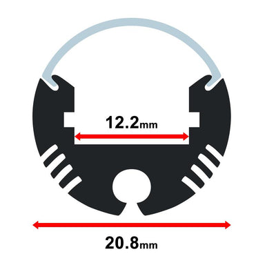 Moss LED ALM-2020 aluminum channel profile cross-section technical drawing showing dimensions 20.8mm outer diameter 12.2mm inner channel width with milky diffuser dome cover round pendant surface mount 2 meter for LED strip lighting installation