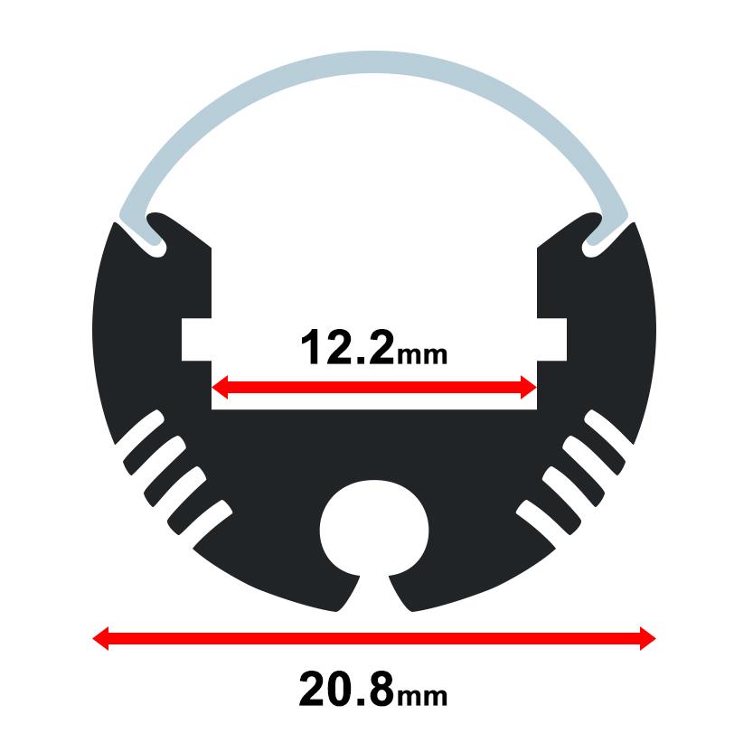 Moss LED ALM-2020 aluminum channel profile cross-section technical drawing showing dimensions 20.8mm outer diameter 12.2mm inner channel width round pendant surface mount channel only 2 meter for LED strip lighting installation