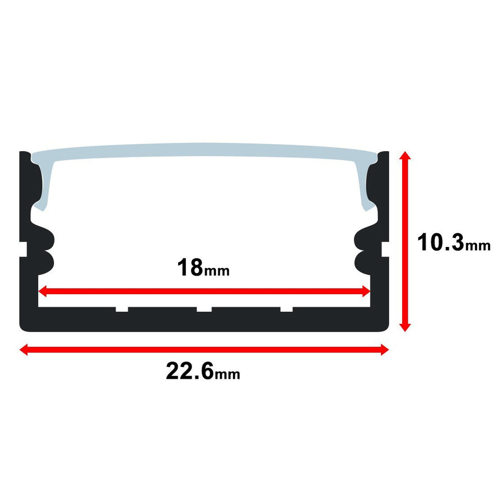 Moss LED ALM-2310 PMMA milky cover cross-section technical drawing showing dimensions 22.6mm width 10.3mm height 18mm inner width diffuser profile