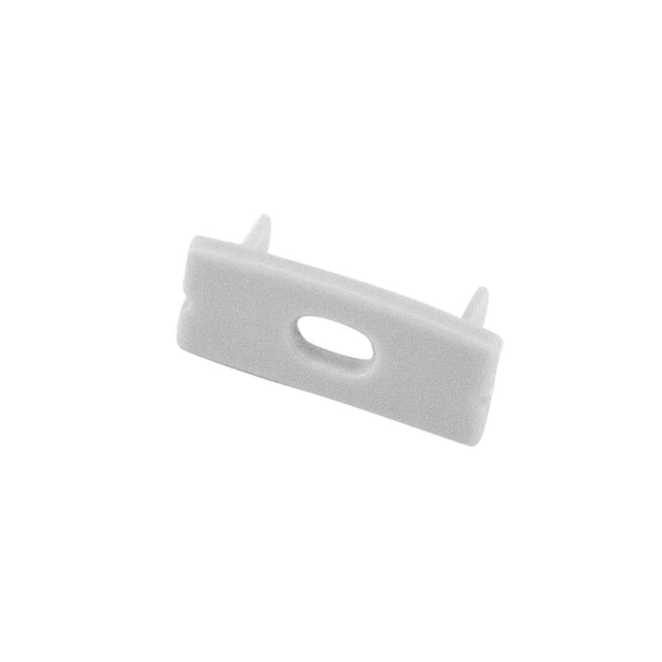 Moss LED ALM-2310 end cap with wire feed-through hole white plastic with snap-in prongs for wide low-profile aluminum LED strip channel profile