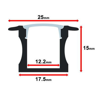 Moss LED ALM-2515 aluminum channel profile cross-section technical drawing showing dimensions 25mm top width 17.5mm base width 12.2mm inner channel width 15mm height with milky diffuser cover and wide flanges surface mount 1 meter for LED strip lighting installation