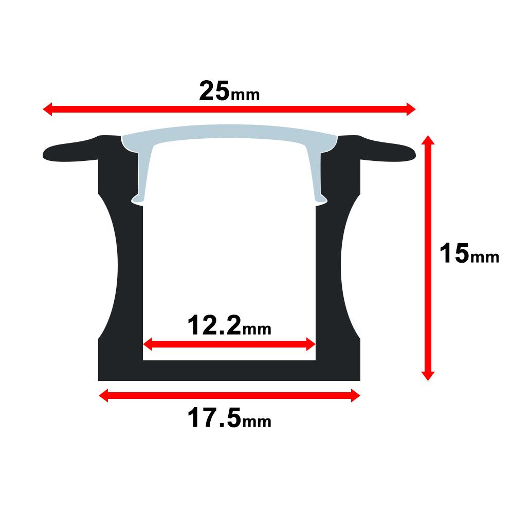 Moss LED ALM-2515 aluminum channel profile cross-section technical drawing showing dimensions 25mm top width 17.5mm base width 12.2mm inner channel width 15mm height with PMMA milky diffuser cover and wide flanges surface mount 1 meter for LED strip lighting installation
