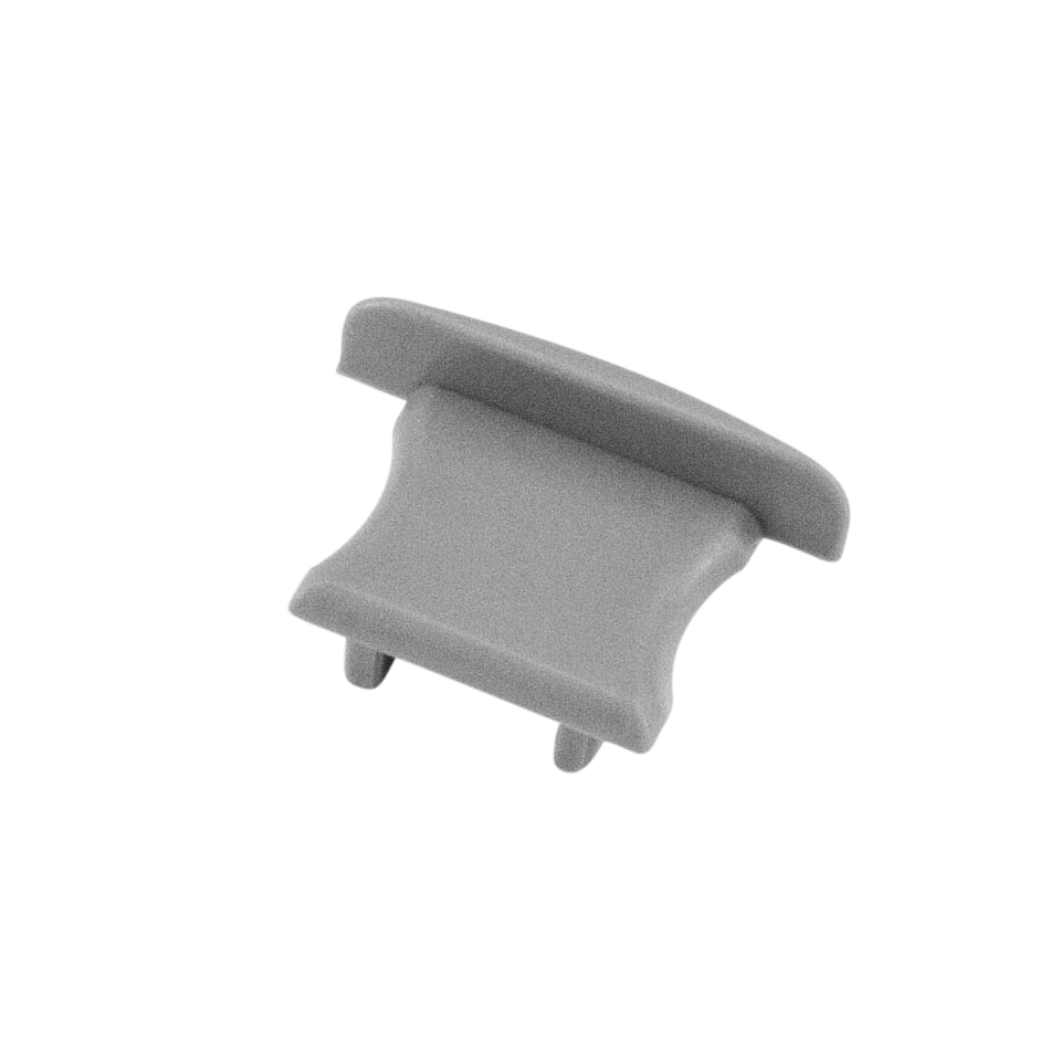 Moss LED ALM-2515 closed end cap without hole gray plastic with wide flanges angled view for surface mount aluminum channel LED strip profile clean finish installation accessory