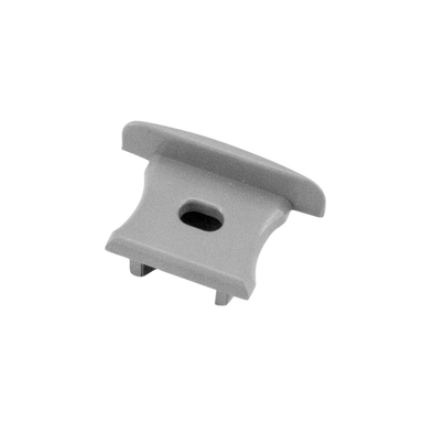 Moss LED ALM-2515 end cap with wire hole gray plastic with wide flanges angled view for surface mount aluminum channel LED strip profile cable pass-through installation accessory