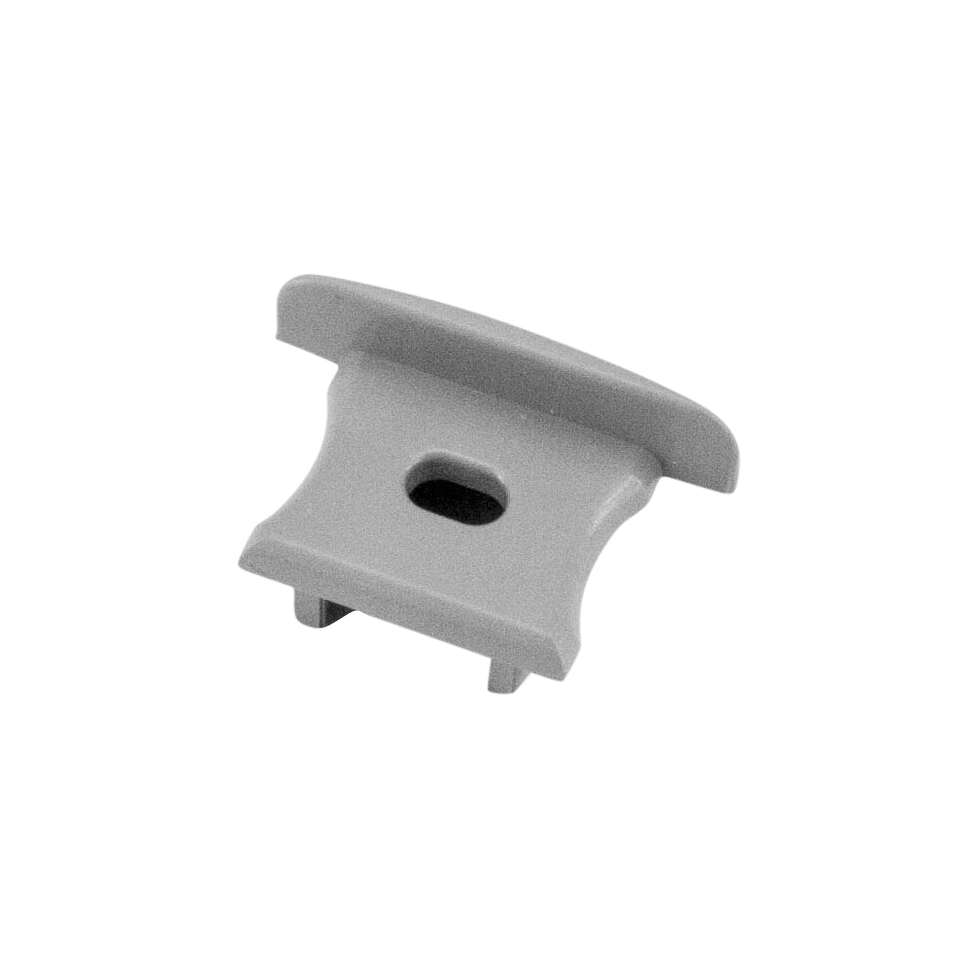 Moss LED ALM-2515 end cap with wire hole gray plastic with wide flanges angled view for surface mount aluminum channel LED strip profile cable pass-through installation accessory