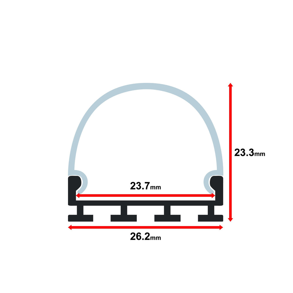 Moss LED ALM-2618 aluminum channel only dome profile cross-section technical drawing showing dimensions 26.2mm width 23.3mm height 23.7mm inner width