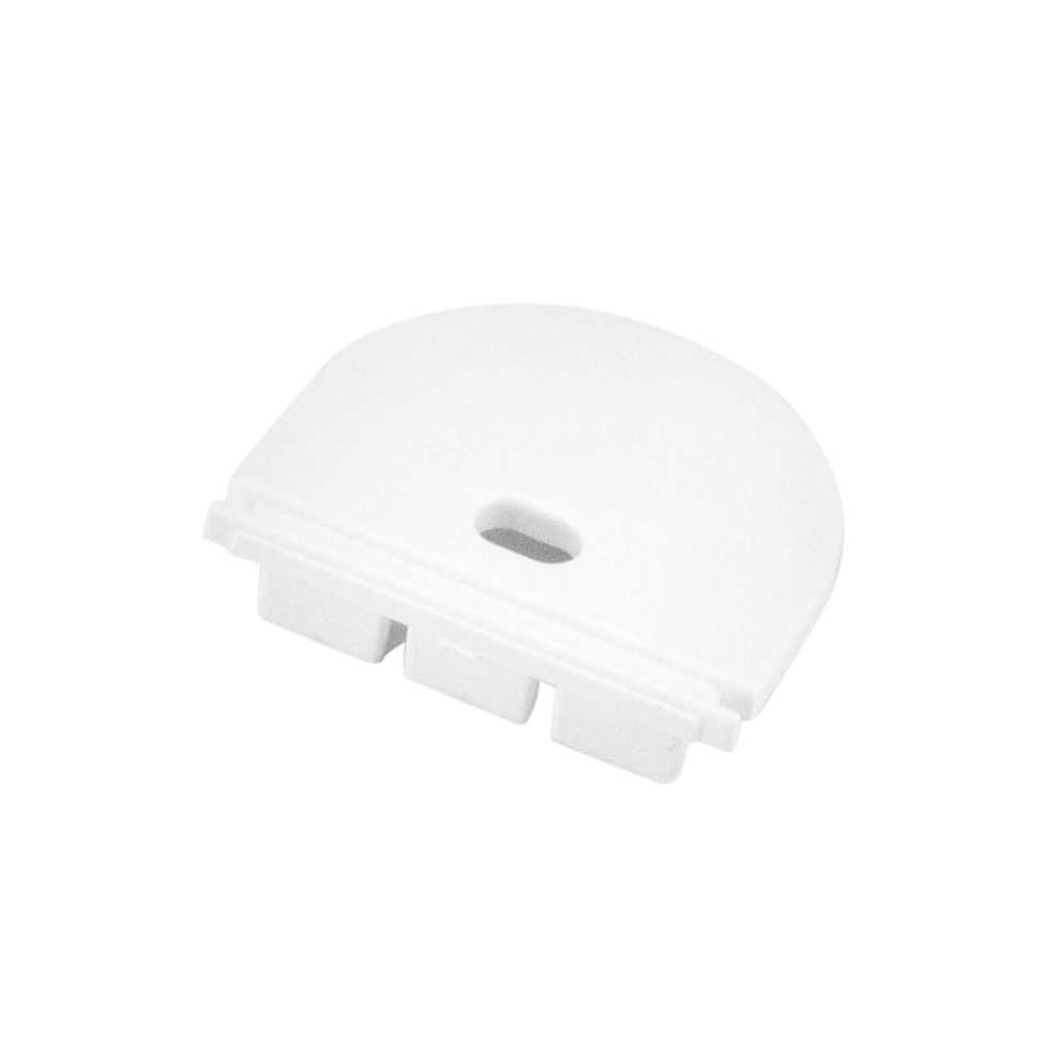 Moss LED ALM-2618 end cap with wire hole white plastic rounded dome shape with toothed snap-in edge for surface mount aluminum channel LED profile cable pass-through for LED strip lighting installation