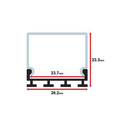 Moss LED ALM-2618B aluminum channel profile cross-section technical drawing showing dimensions 26.2mm base width 23.3mm height 23.7mm inner channel width with milky diffuser cover surface mount with clip tabs 2 meter for LED strip lighting installation
