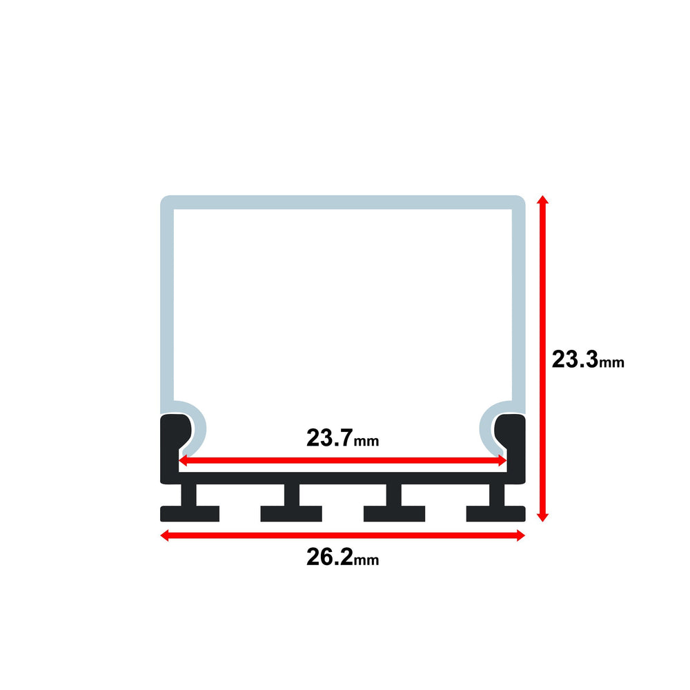 Moss LED ALM-2618B aluminum channel only square profile cross-section technical drawing showing dimensions 26.2mm width 23.3mm height 23.7mm inner width