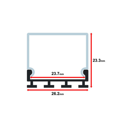 Moss LED ALM-2618B aluminum channel only square profile cross-section technical drawing showing dimensions 26.2mm width 23.3mm height 23.7mm inner width