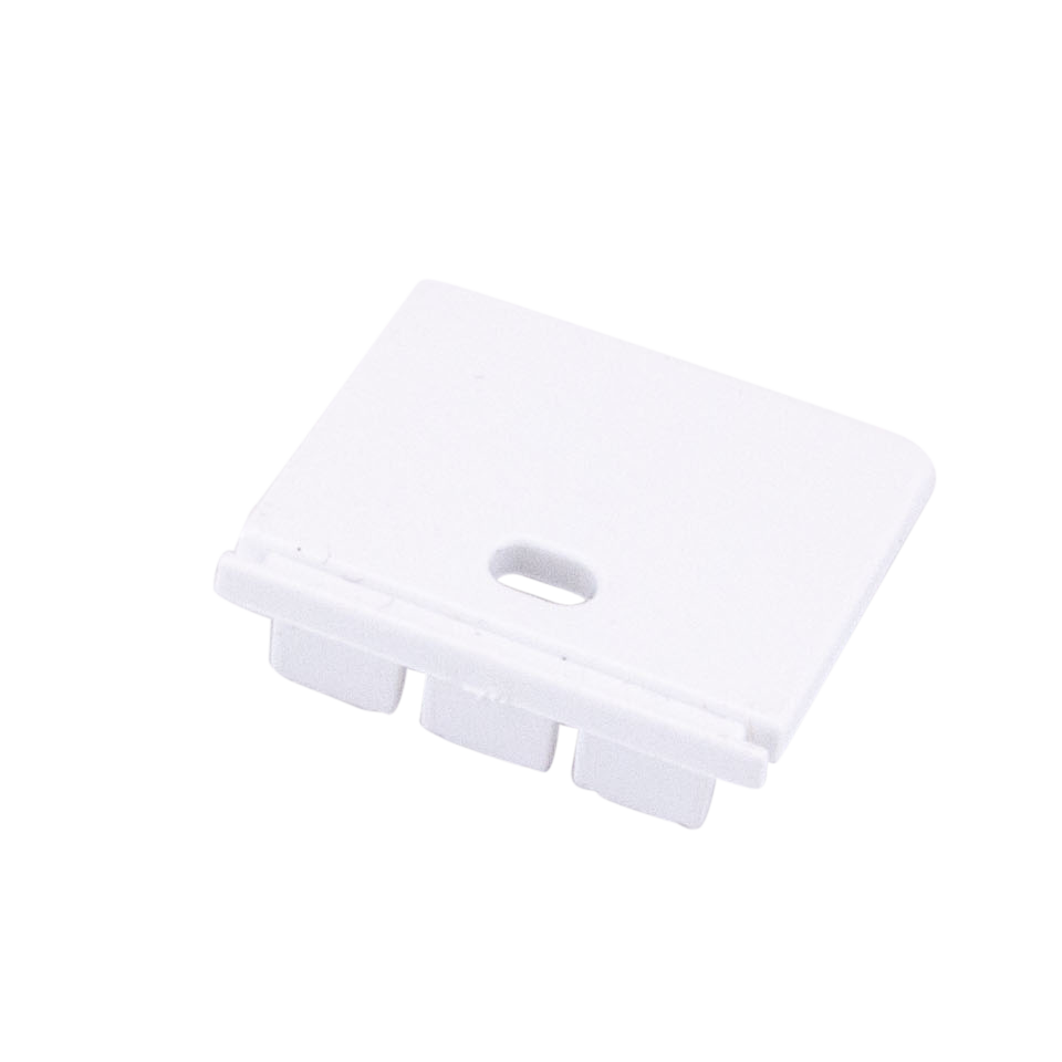 Moss LED ALM-2618B end cap with wire hole white plastic with toothed snap-in edge for surface mount aluminum channel LED profile with cable pass-through for LED strip lighting installation