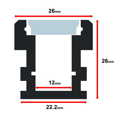 Moss LED ALM-2626 aluminum channel profile cross-section technical drawing showing dimensions 26mm top width 26mm height 22.2mm base width 12mm inner channel width recessed mount channel only 3 meter for LED strip lighting installation