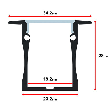 Moss LED ALM-3428 aluminum channel profile cross-section technical drawing showing dimensions 34.2mm top width 28mm height 23.2mm base width 19.2mm inner channel width with milky diffuser cover flanged pendant surface mount 1 meter for LED strip lighting installation