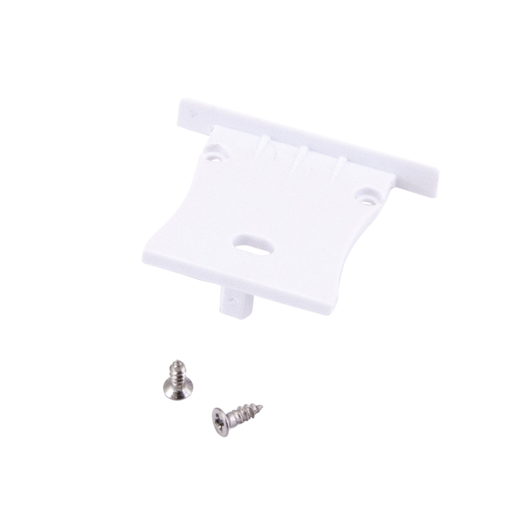 Moss LED ALM-3428 end cap with wire hole white plastic with flanged mounting tabs for pendant surface mount aluminum channel LED profile with mounting screws included cable pass-through for LED strip lighting installation