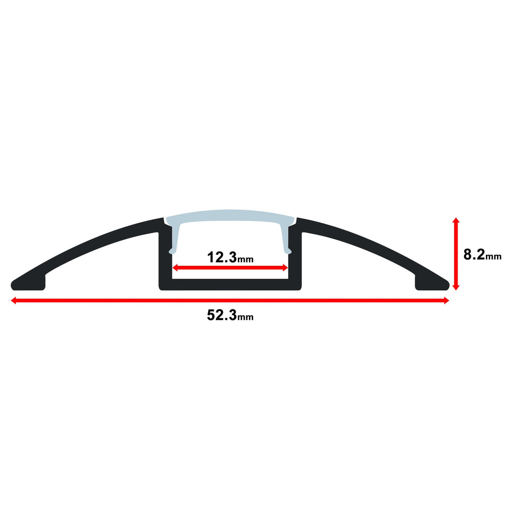 Moss LED ALM-5208 aluminum channel profile cross-section technical drawing v2 showing dimensions 52.3mm total width 8.2mm height 12.3mm inner channel width arched curved surface mount for wide LED strip lighting installation