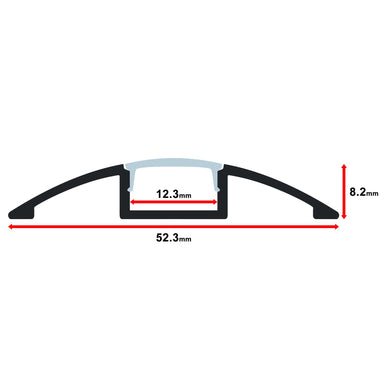 Moss LED ALM-5208 aluminum channel profile cross-section technical drawing v2 showing dimensions 52.3mm total width 8.2mm height 12.3mm inner channel width with milky diffuser cover arched curved surface mount 2 meter for wide LED strip lighting
