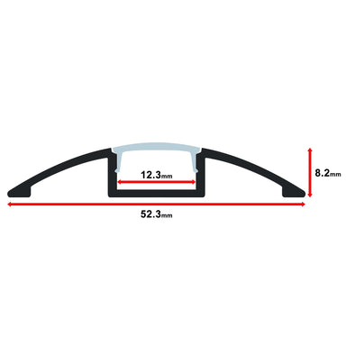 Moss LED ALM-5208 aluminum channel profile cross-section technical drawing showing dimensions 52.3mm total width 8.2mm height 12.3mm inner channel width with milky diffuser cover arched curved surface mount 2 meter for wide LED strip lighting installation