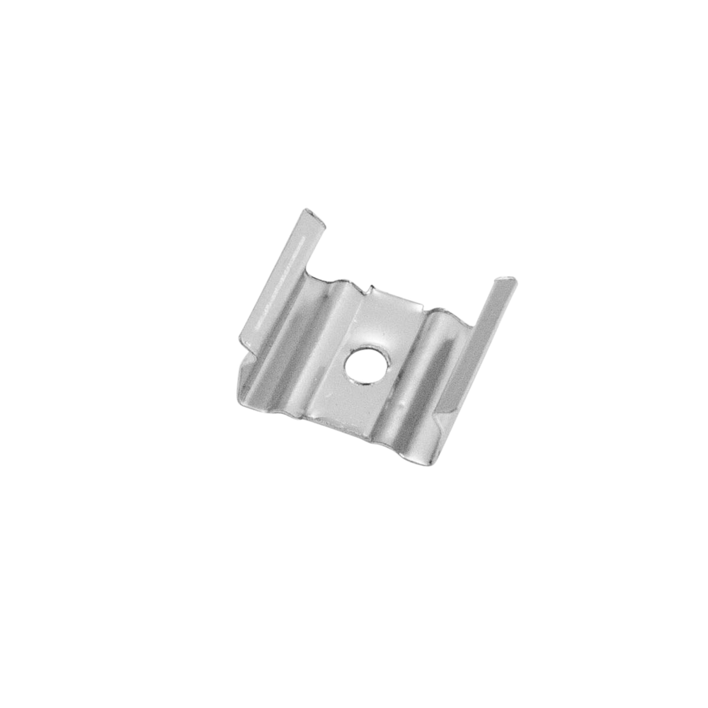 Moss LED ALM-5208 surface mounting clip silver metal bracket with screw hole and channel grip wings for securing arched curved aluminum channel LED profile to surface for wide LED strip lighting installation