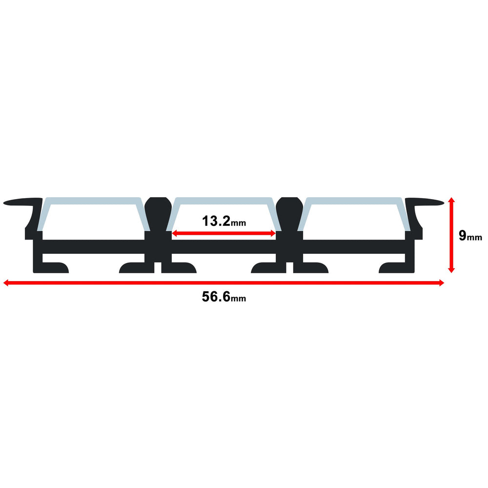 Moss LED ALM-5609 aluminum channel profile cross-section technical drawing showing dimensions 56.6mm total width 9mm height 13.2mm inner channel width with milky diffuser cover wide flat multi-channel surface mount for LED strip lighting installation