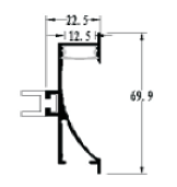 Moss LED ALM-7060B aluminum channel profile cross-section technical drawing showing dimensions 22.5mm total width 69.9mm total height 12.5mm inner width channel only for wide recessed LED strip lighting installation