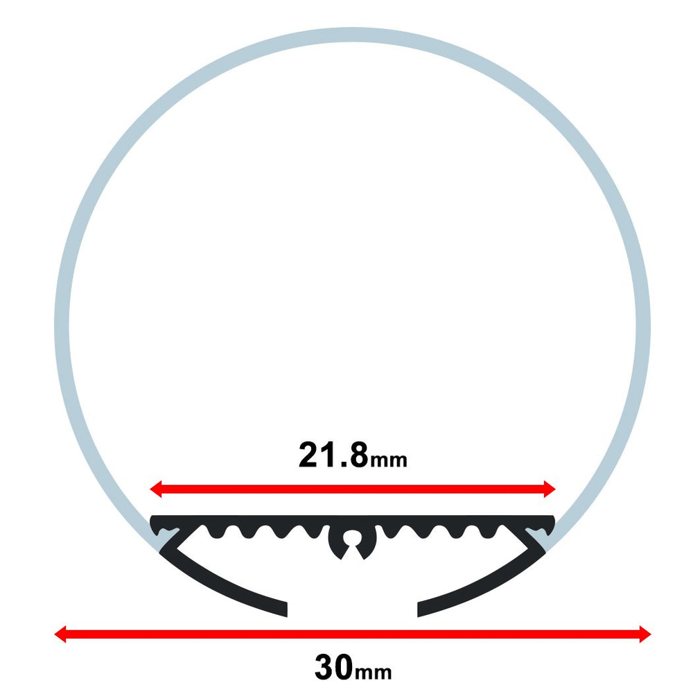 Moss LED ALM-O3030C aluminum channel profile cross-section technical drawing showing dimensions 30mm base width 21.8mm inner channel width with large dome milky diffuser cover round surface mount 1.22 meter for LED strip lighting installation
