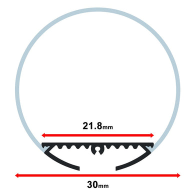 Moss LED ALM-O3030C aluminum channel profile cross-section technical drawing showing dimensions 30mm base width 21.8mm inner channel width with large dome milky diffuser cover round surface mount 1.22 meter for LED strip lighting installation