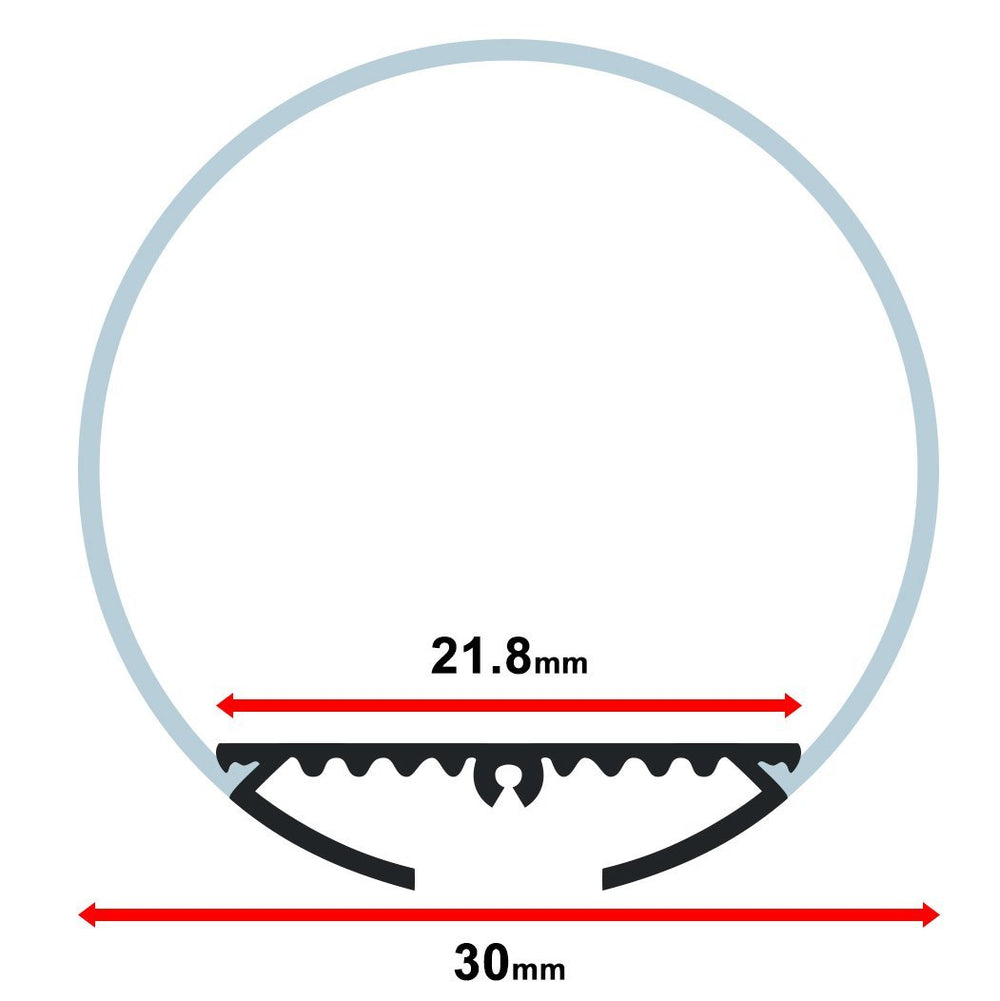 Moss LED ALM-O3030C aluminum channel only round profile cross-section technical drawing showing dimensions 30mm outer width 21.8mm inner width with heat sink fins