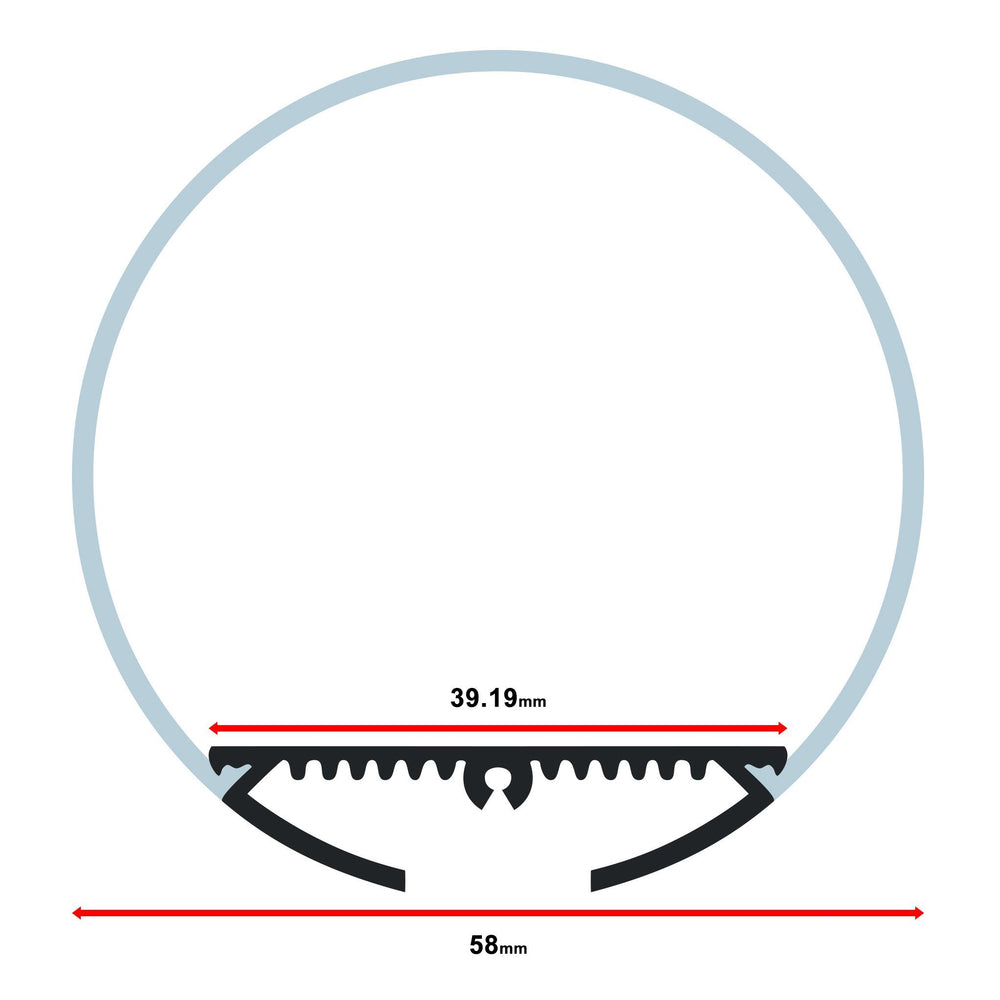 Moss LED ALM-O6060C milky cover round profile cross-section technical drawing showing dimensions 58mm outer width 39.19mm inner width circular diffuser for O6060 aluminum channel