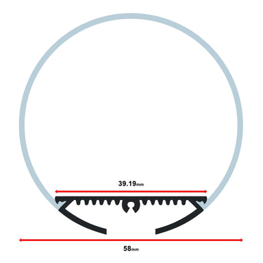 Moss LED ALM-O6060C milky cover round profile cross-section technical drawing showing dimensions 58mm outer width 39.19mm inner width circular diffuser for O6060 aluminum channel