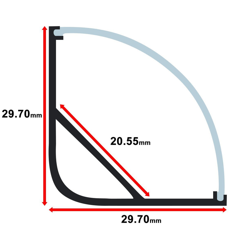 Moss LED ALM-P3030 milky cover corner profile cross-section technical drawing showing dimensions 29.70mm x 29.70mm with 20.55mm diagonal diffuser