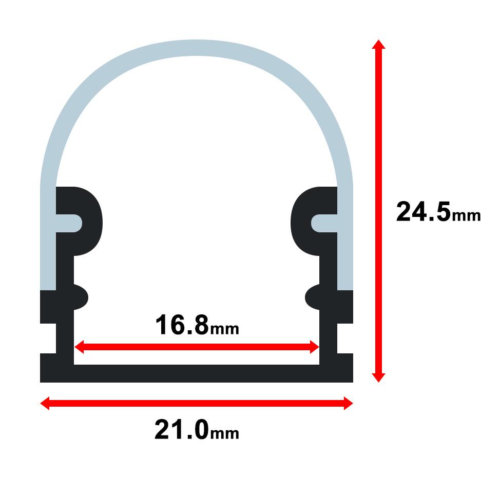 Moss LED ALM-T2114B aluminum channel profile cross-section technical drawing showing dimensions 21mm total width 24.5mm total height 16.8mm inner width with dome diffuser cover for round track mount recessed LED strip lighting installation