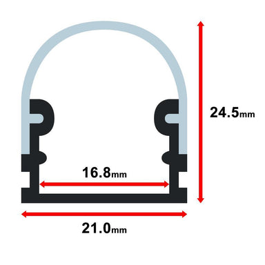 Moss LED ALM-T2114B aluminum channel only dome profile with T-base cross-section technical drawing showing dimensions 21.0mm width 24.5mm height 16.8mm inner width